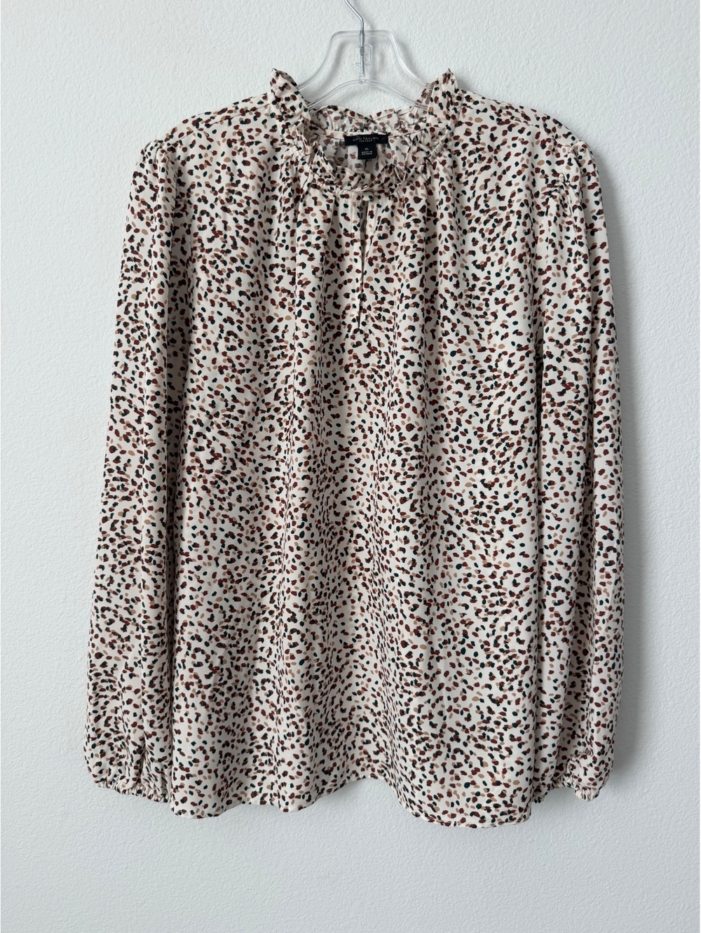 Ann Taylor Long Sleeve Ruffled Keyhole Neck Brown Tone Dot Career Blouse Size XL